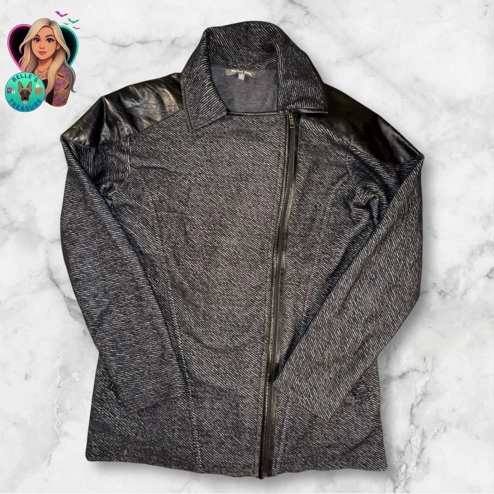 Michael Stars Women's Medium Black‎ White Herringbone Moto Jacket Leather Trim
